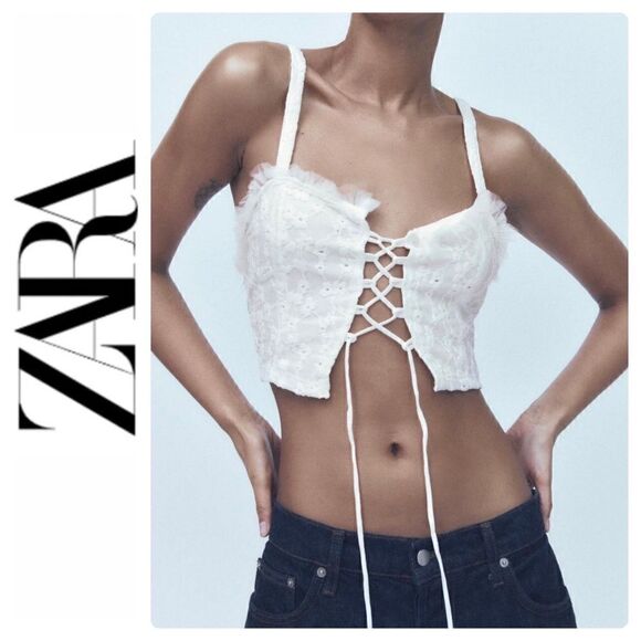 NWOT Zara White Tulle Eyelet Lace Tie Front Crop Top, Size Small - Picture 1 of 15